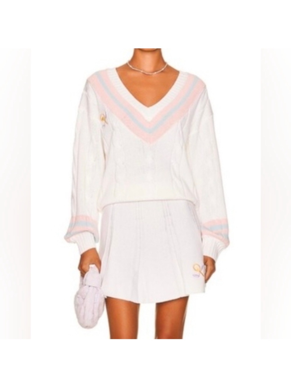 LoveShackFancy Malaine V-Neck Pullover & Roz Skirt Set Tennis Whites